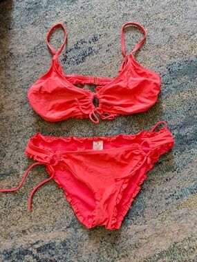 Shade & Shore Coral Bikini Set with Ruffle Trim